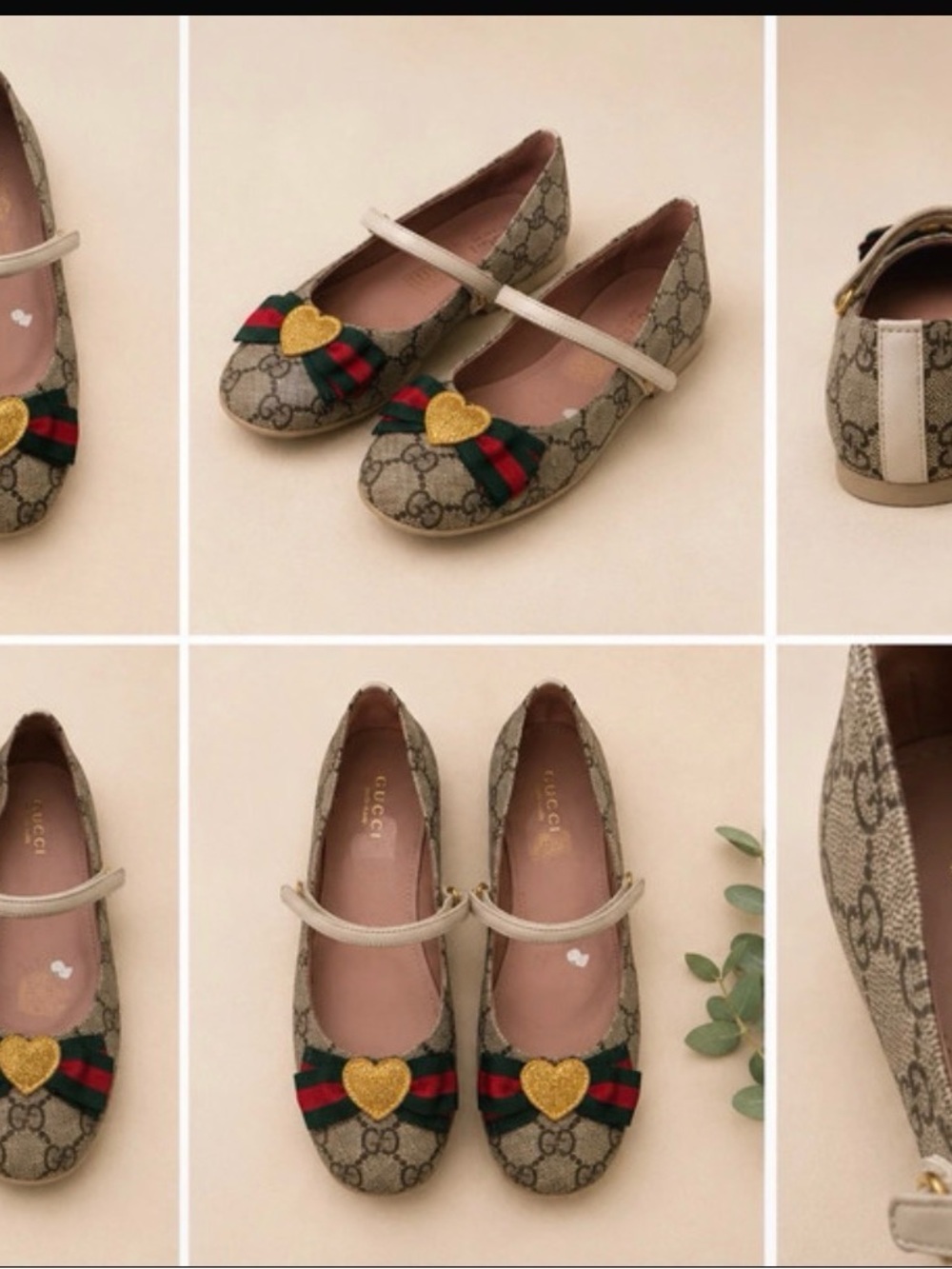 Gucci Beige Monogram Kids Mary Jane Flats with Red-Green Stripe & Gold Heart